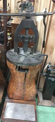2644-385 Antique Rare Hand Operated Screw/Fly Press with Round Wood Base Circa 1880