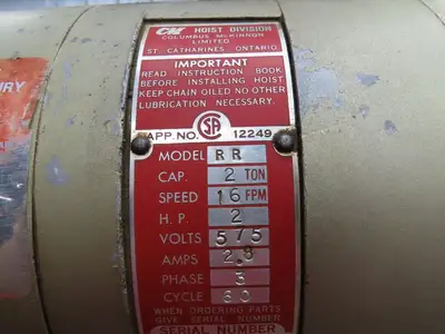 CM Lodestar RR Electric Chain Hoist 2 Ton 16 FPM 27' Lift  575 Volt 3PH