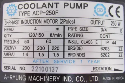 NEW A-RYUNG ACP-250F COOLANT PUMP 200V ACP250F