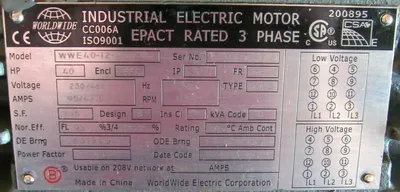 NEW WORLDWIDE ELECTRIC WWE40-12-364TC MOTOR 40HP 230/460V 364TC BJH5 2-3/8"