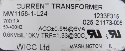 NEW YORK 025-21173-005 CURRENT TRANSFORMER MW1158-1-L24 1233F315 700:1