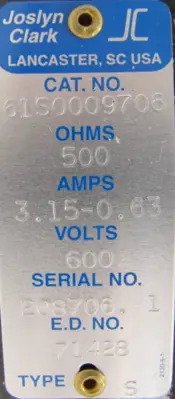 NEW JOSLYN CLARK 61S0009706 RHEOSTAT 500 OHMS 600V