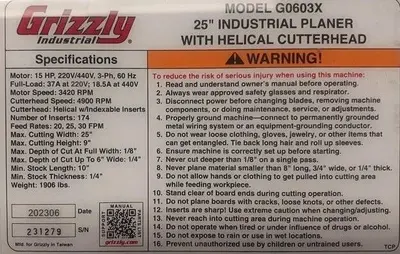 Used GRIZZLY G0603X Woodworking Planers California US | 10 Blade Pro Machinery #1411672