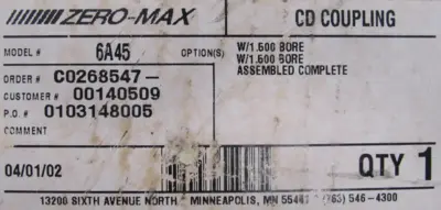 NEW ZERO MAX 6-45 COUPLING 1.5" BORE 6A45 645