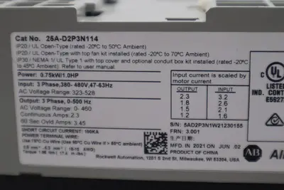 Allen-Bradley 25A-D2P3N114 PowerFlex 523 0.75KW 1HP Drive 25AD2P3N114 NEW 2081-A