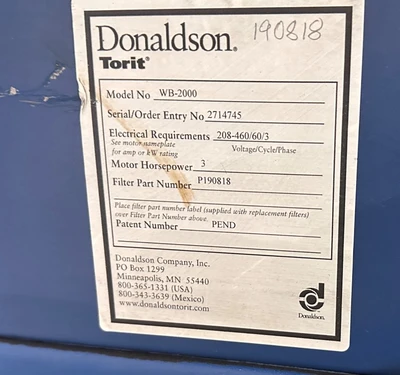 DONALDSON WB-2000 WELD BENCH FUME COLLECTOR
