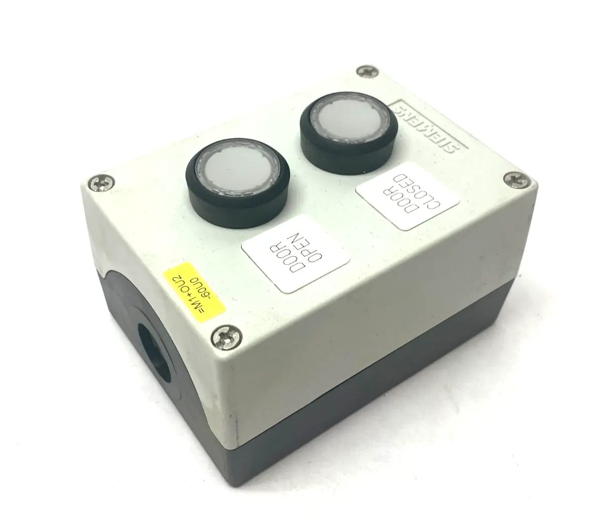 USED SIEMENS PUSHBUTTON ENCLOSURE ASSEMBLY W/ 2X WHITE ILLUMINATED PUSHBUTTONS