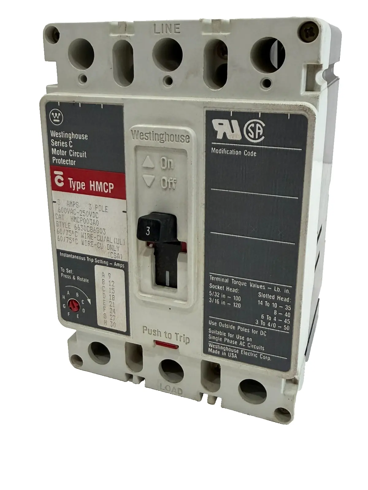 NEW WESTINGHOUSE HMCP003A0 CIRCUIT BREAKER 600VAC 250VDC 3AMPS 3POLE