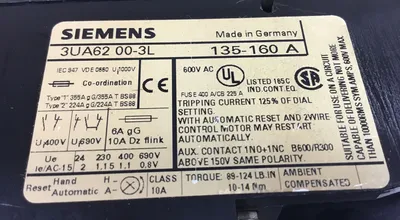 SIEMENS 3UA6200-3L OVERLOAD RELAY; 135 - 160 AMPS 600VAC 3 Pole 4H