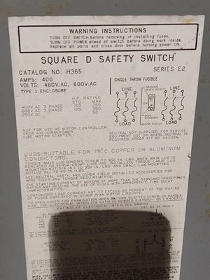 Square D H365, Series E, 400 Amp, 600 Volt, 3P4W, Fusible Disconnect
