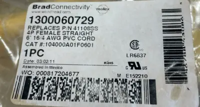 NEW MOLEX WOODHEAD 104000A01F0601 4P FEMALE PVC CORD 6' 1300060729 LOT OF 5