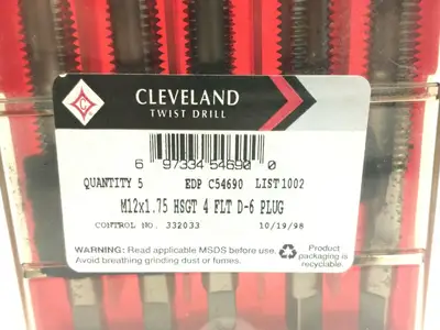 New | in-Stock Cleveland Plug Hand Tap HSS Straight 4-Flute D-6 M12x1.75 PACKAGE OF 5 HSS/Cobalt Taps Michigan US | Maverick Industrial Sales #1391744