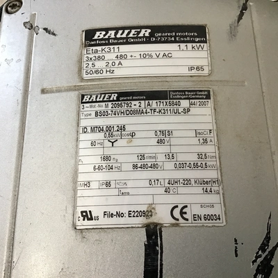 Bauer Eta-K311 1.1kW Frequency Inverter Geared Motor 1680-125RPM 480V 3PH