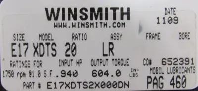 NEW WINSMITH E17XDTS20LR GEAR REDUCER 20:1 E17XDTS2X000DN