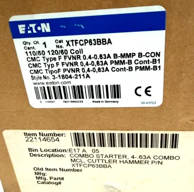 NEW EATON XTFCP63BBA COMBO STARTER 110/50 120/60 COIL