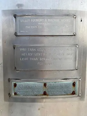 Tank, 4,250 Gallon, Stainless Steel, 8' Dia x 12' H, Valley Foundry, UL Rated, #5991328