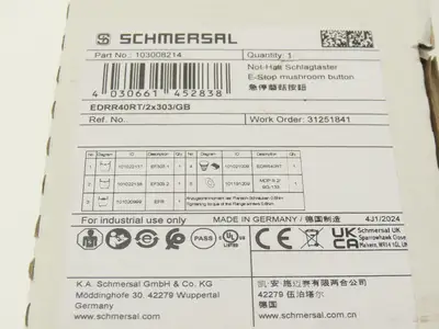 Schmersal EDRR40RT/2X303/GB E-Stop Pushbutton Kit Mushroomhead 103008214