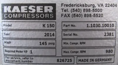 NEW KAESER K150 COMPRESSOR 1HP 115/208-230V 1.1030.10010