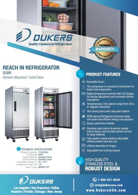New | in-Stock Dukers New Dukers D28R Stainless Steel Single Solid Door Commercial Reach-in Refrigerator Refrigerators Illinois US | Falcon Restaurant Supply #1376395