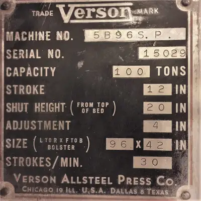 USED VERSON VERSON 5B96-SP PRESS