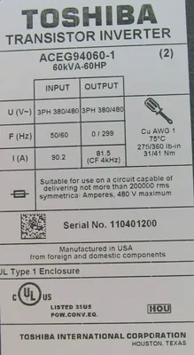 NEW TOSHIBA 60HP TRANSISTOR INVERTER ACE G9 380/480V ACEG94060-1