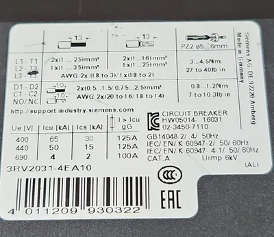 SIEMENS SIRIUS 3RV2031-4EA10 MOTOR CONTROLLER CIRCUIT BREAKER. 4E-18