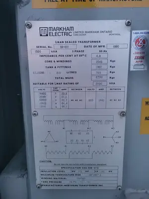 1500/2000 kVA Silicone Filled Transformer, 13800V Pri., 600V Sec.