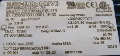 NEW SEW EURODRIVE SA67/T DRN80M4/BE1HR GEARMOTOR 230/460V 100.80