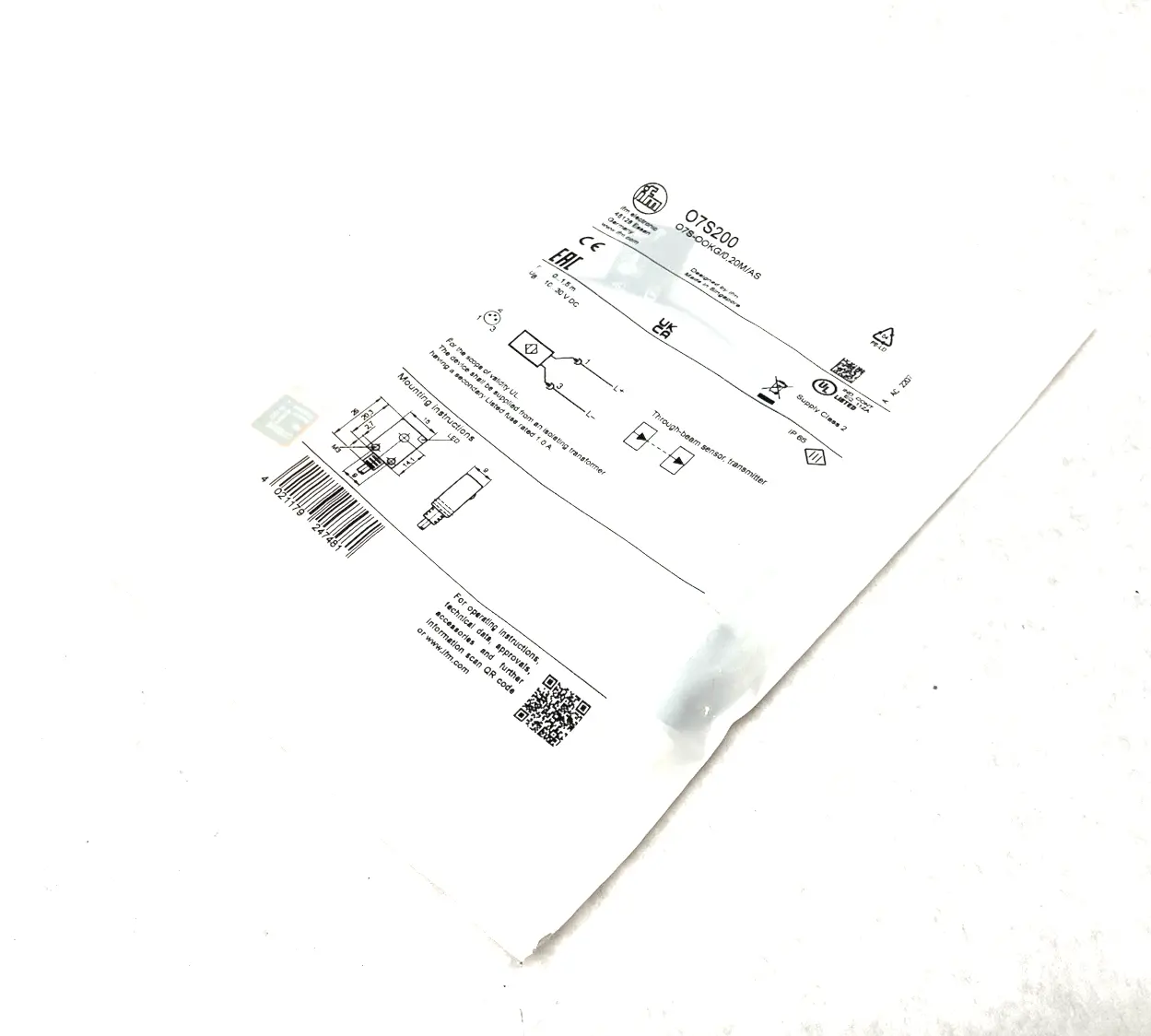 NEW IFM THROUGH-BEAM SENSOR TRANSMITTER RED LIGHT, O7S-OOKG/0,20M/AS