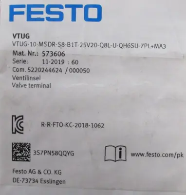 NEW FESTO 573606 VALVE MANIFOLD VTUG-10-MSDR-S8-B1T-25V20-Q8L-U-QH6SU-7PL+MA3