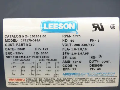 Leeson IronMan BMQ821-10-R-56 Gearmotor 10:1 Reducer .5Hp 172rpm 230/460V 56C RH