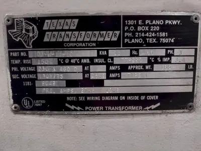 11 KVA TEXAS 230X480D <--> 130Y/75 ELECTRICAL TRANSFORMER: STOCK #23252