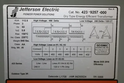 New 112.5 KVA Dry Type Transformer 480 Delta 240 Delta CT120 3 Phase 423-9257-000 FREE SHIPPING