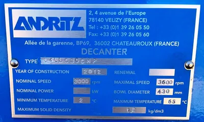Andritz D4LL CP30 CHP decanter centrifuge, SS.