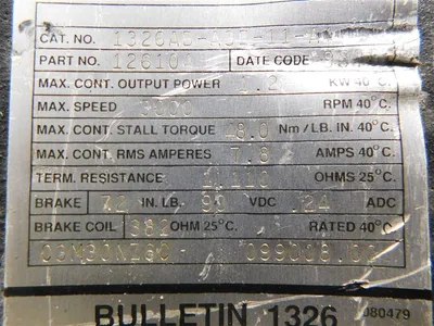 Allen Bradley 1326AB-A3E-11-A4 AC Servo Motor 1.2kW 3000RPM 48Nm/LB.IN. Used