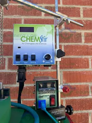 USED CHEMGLASS 100 LITER JACKETED GLASS REACTOR W/ CHEMGLASS DIGITAL OVERHEAD STIRRER