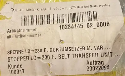 New | in-Stock Knapp Belt Transfer Unit Stopper LQ=230 F Conveyor Parts Michigan US | Maverick Industrial Sales #1398167