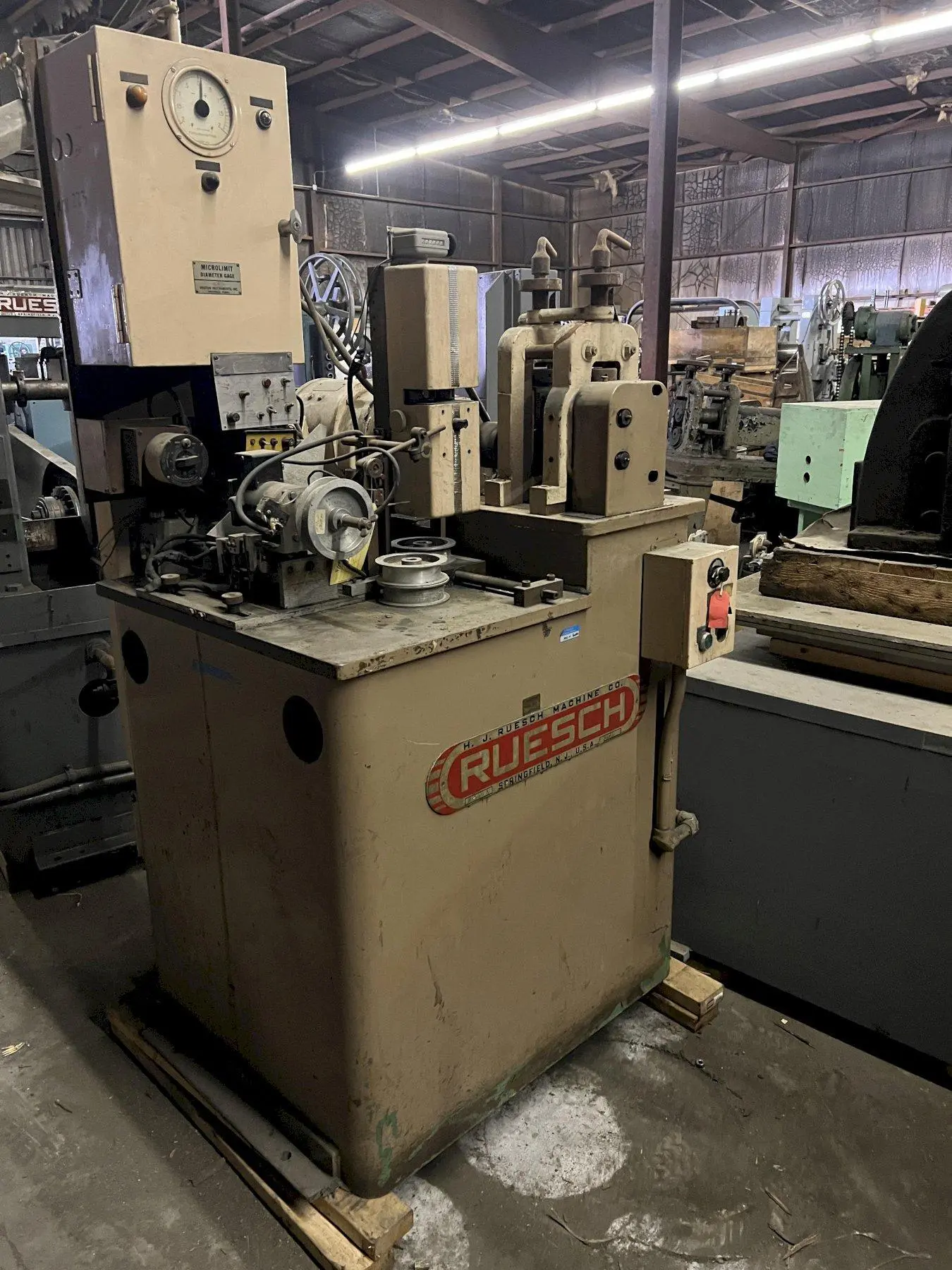 USED RUESCH 2.75" X 1.5" 2-HIGH CARBIDE WIRE FLATTENING MILL WITH TRAVERSE WINDER