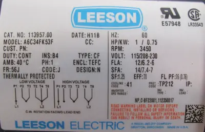 NEW LEESON 113957.00 MOTOR 1HP 3450RPM 115/208-230V 56J