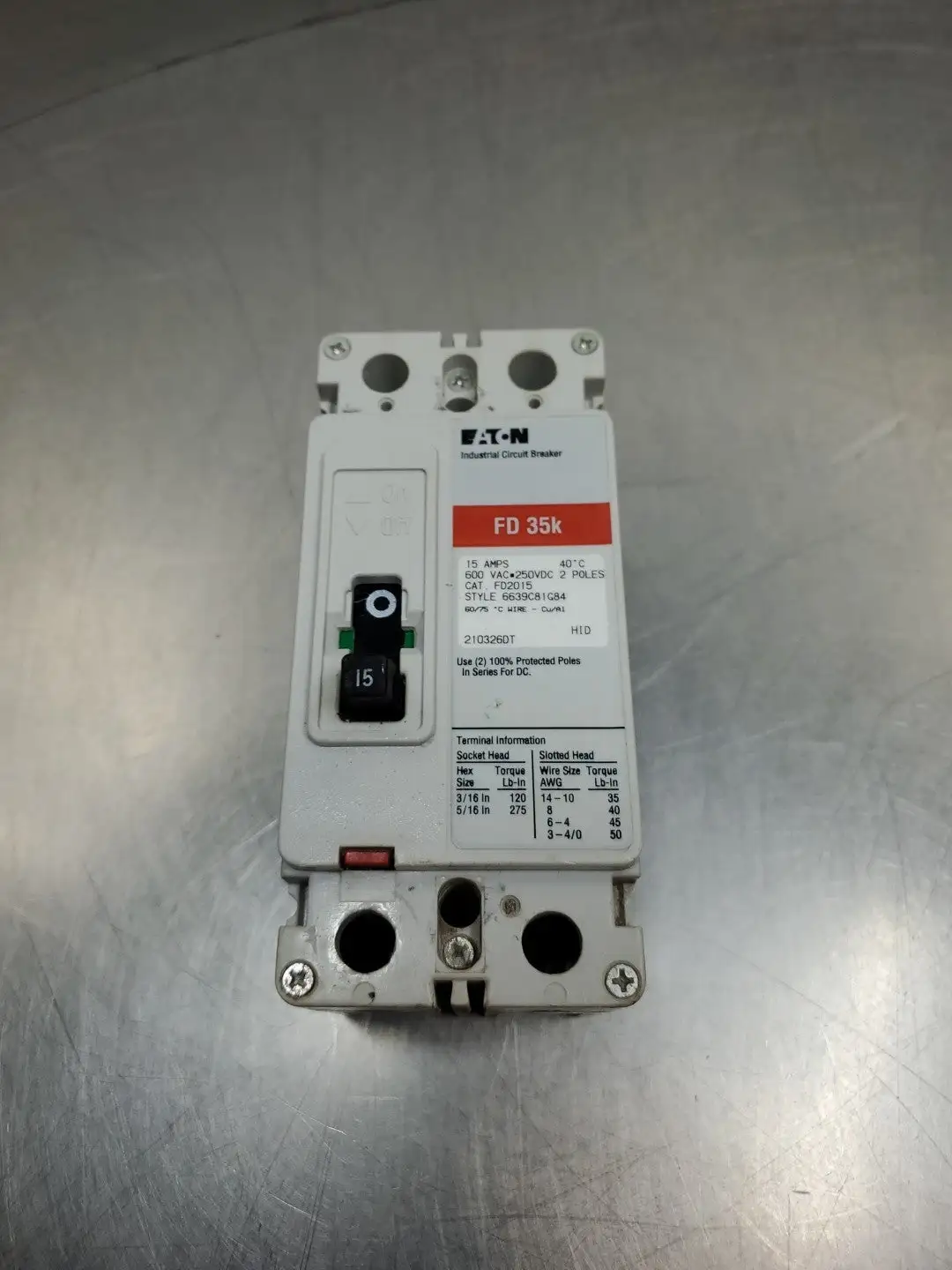 Used Eaton FD2015 Circuit Breaker, 15A, 600VAC/250VDC, 2P Circuit Breakers South Carolina US | Palmetto Automation #1505355