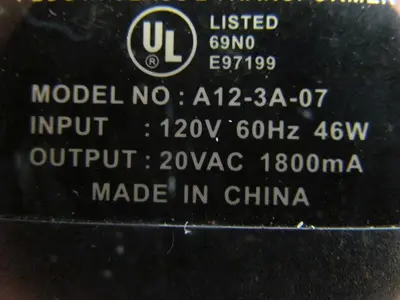 Condor A12-3A-07 Power Supply 120V Input 20VAC output w/5 Pin Plug