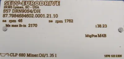NEW SEW EURODRIVE S57 DRN90S4/DH GEAR MOTOR 38.23:1 230/460V 1.5HP S57DRN90S4DH