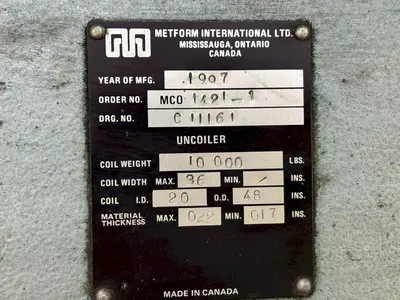 10,000 LBS X 36" METFORM MODEL #MCO1421-1 PULL OFF UNCOILER COIL REEL, NEW 1997: STOCK #21328