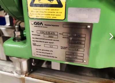 Westfalia CSC 6-06-476 hydro-hermetic clarifier skid, 316L SS.
