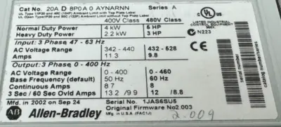 ALLEN BRADLEY 20AD8P0A0AYNARNN POWERFLEX 70 SER. A 5HP UNUSED SURPLUS