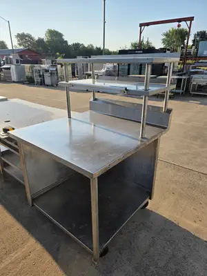 Used Falcon Restaurant Supply Used 38" Stainless Steel Table with Over Shelves and Casters - SS333 - COZ Food Prep Tables Illinois US | Falcon Restaurant Supply #1375150