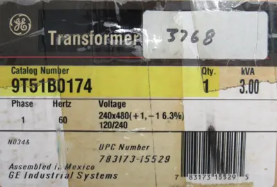 NEW GE 9T51B0174 TRANSFORMER 3KVA 240x480V 120/240V