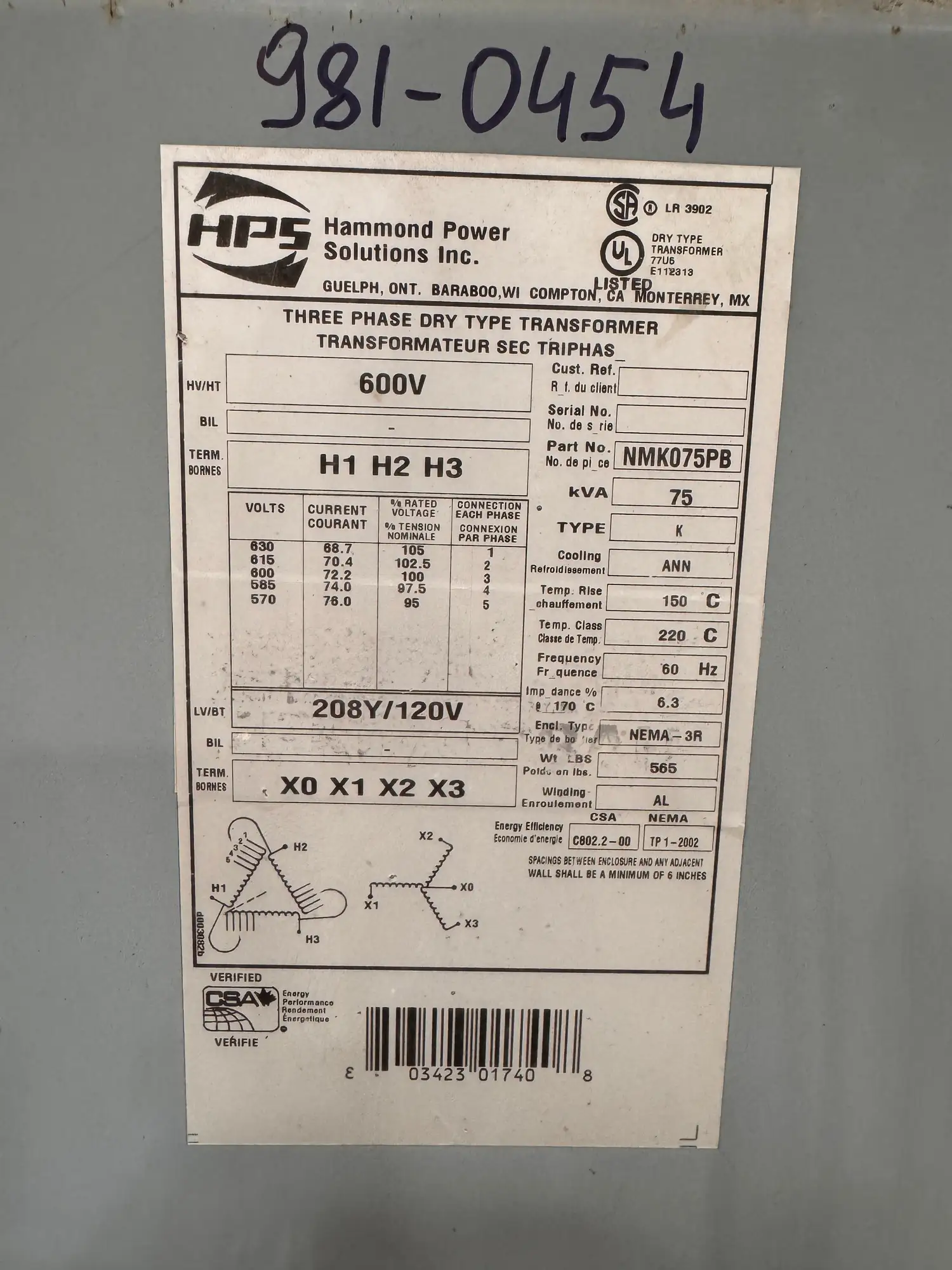 75 KVA 600V to 208Y/120V Isolation Transformer