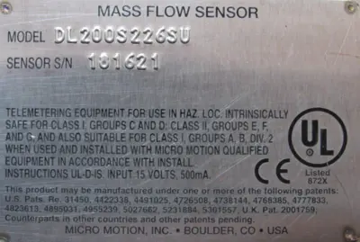 USED MICRO MOTION DL200S226SU MASS FLOW SENSOR