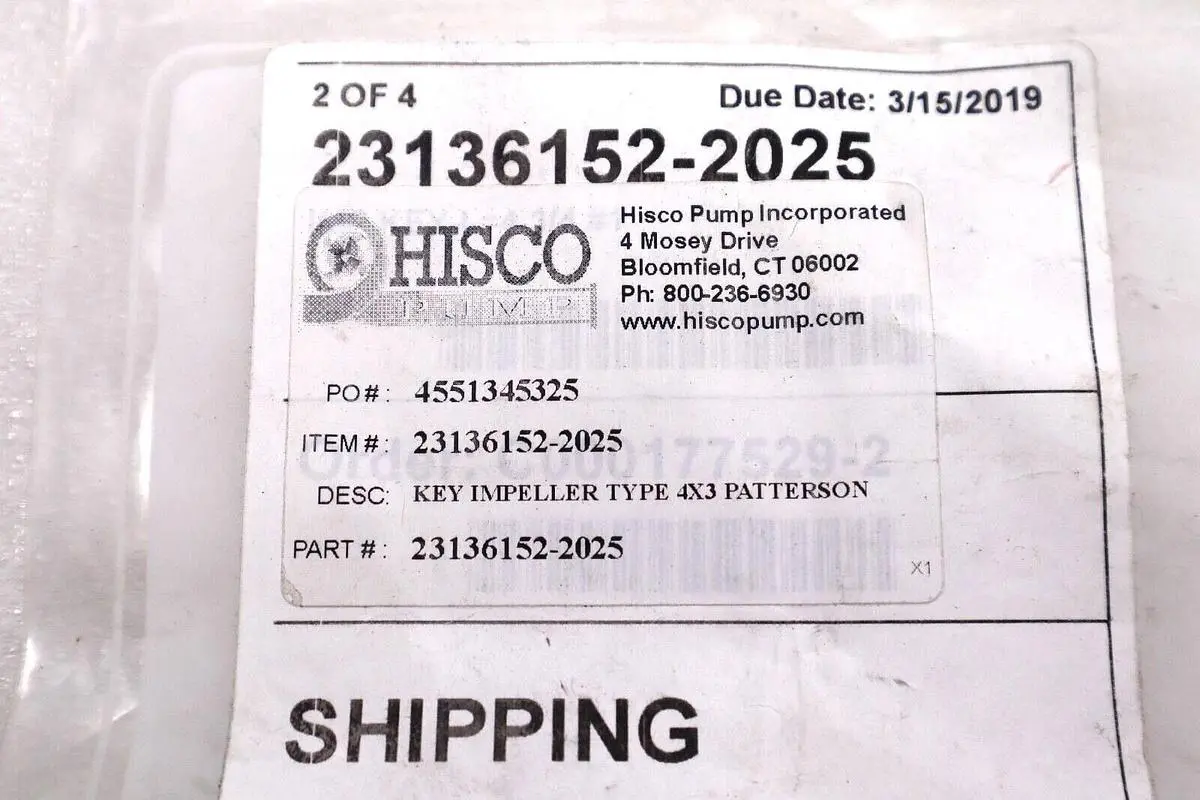 NEW HISCO PUMP INC 231361522025 KEY IMPELLER TYPE 4X3 PATTERSON #L-476